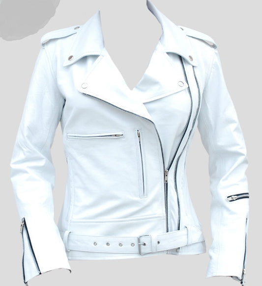 Women’s White Leather Biker Jacket – Stylish Slim Fit Motorcycle Jacket
