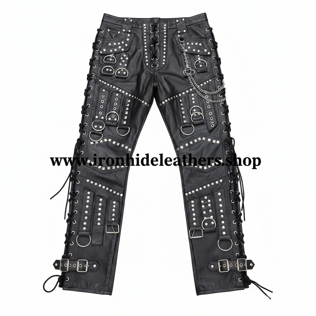 Black Punk Leather Pants Front