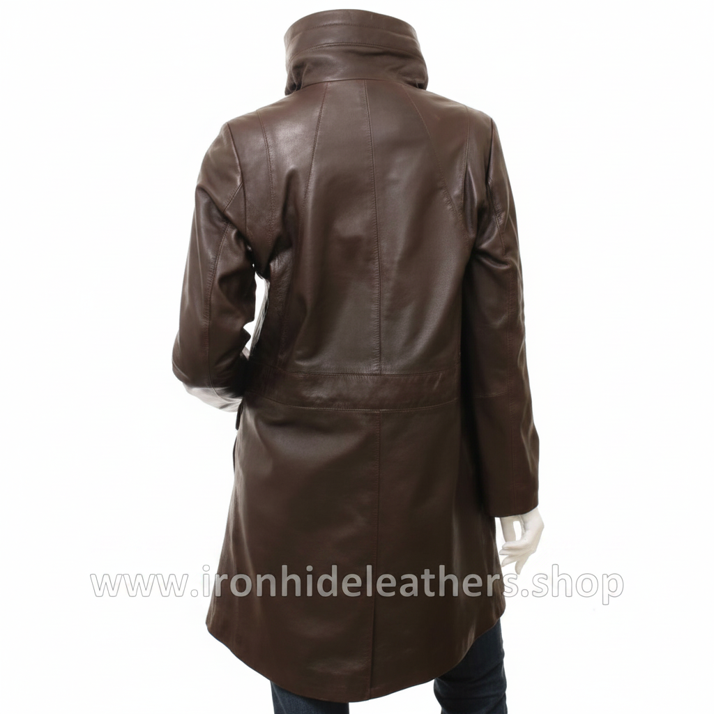 Ladies Brown Leather Coat Back