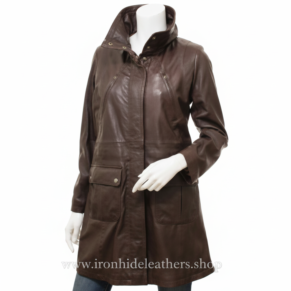 Ladies Brown Leather Coat Front