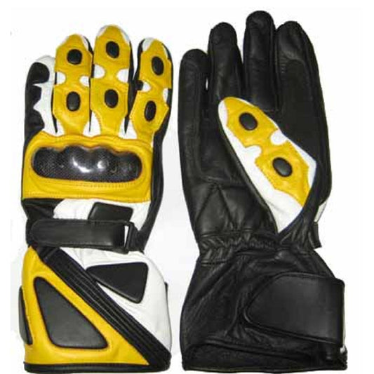 Pro Racing Motorcycle Leather Gloves – Carbon Knuckle Protection | Yellow/Black/White